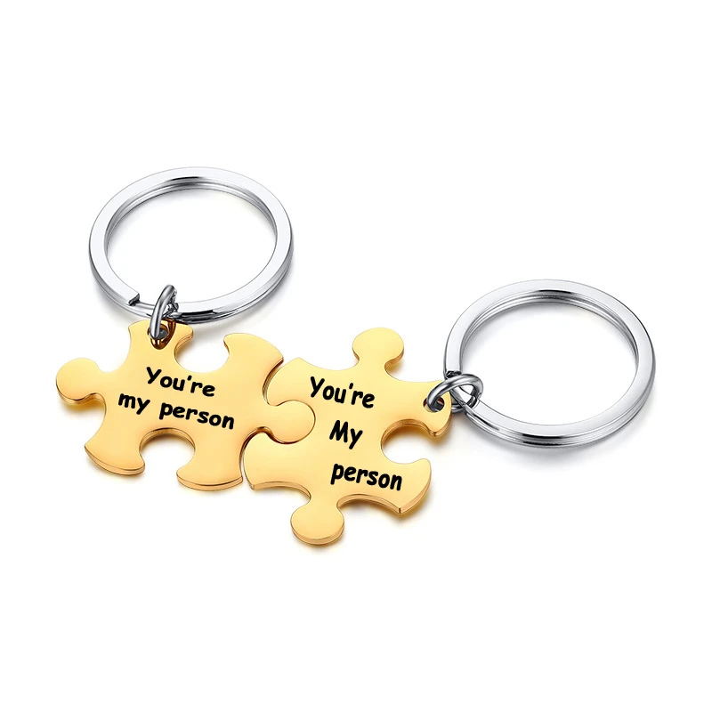 

Personalized Blank Jigsaw Puzzles Couple Keychain Charms Pendant Customized Stainless Steel DIY Jewelry