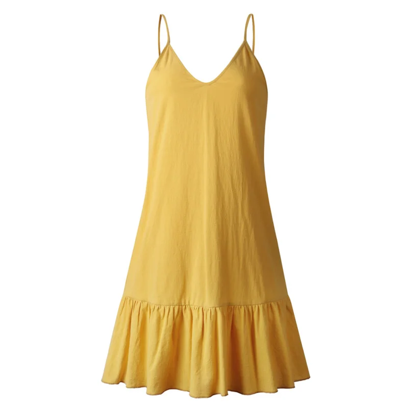 

2021 Cotton Loose Summer Dress Sexy White Halter V-neck Ruffled Women Casual Spaghetti Strap Summer Mini Beach Clothes for Women