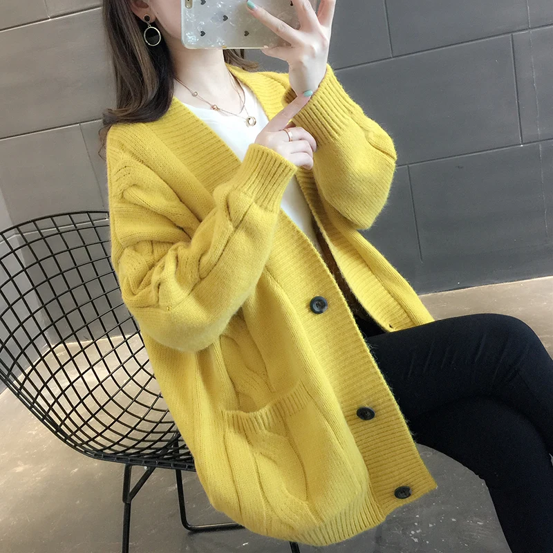 

Autumn Korean Knit Cardigan Sweater Women Knitwear Loose V-Neck Long Sleeve Big Pocket Knitted Jacket Coat Female Jumper Ladies