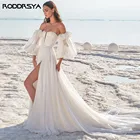 Свадебное платье в стиле бохо, шифоновое пляжное платье с длинными пышными рукавами и вырезом сердечком, свадебное платье со шлейфом, изготовленное на заказ