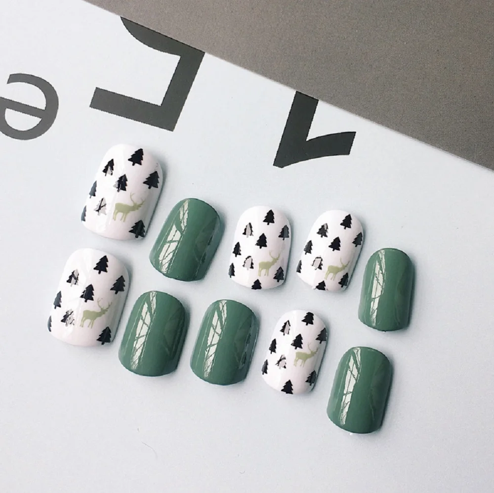 24 шт. зеленое дерево и олень поддельные накладные ногти Короткие Овальный полный