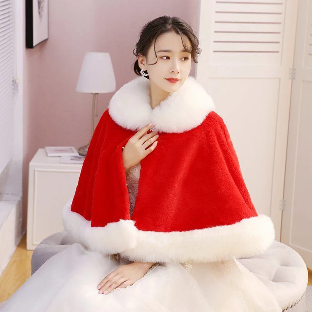 Women Hooded Capes Cloak Winter Thick Warm Hoodie Fur Shawl White Red Black Wedding Dress Bride Fur Cape Ponchos Thicken