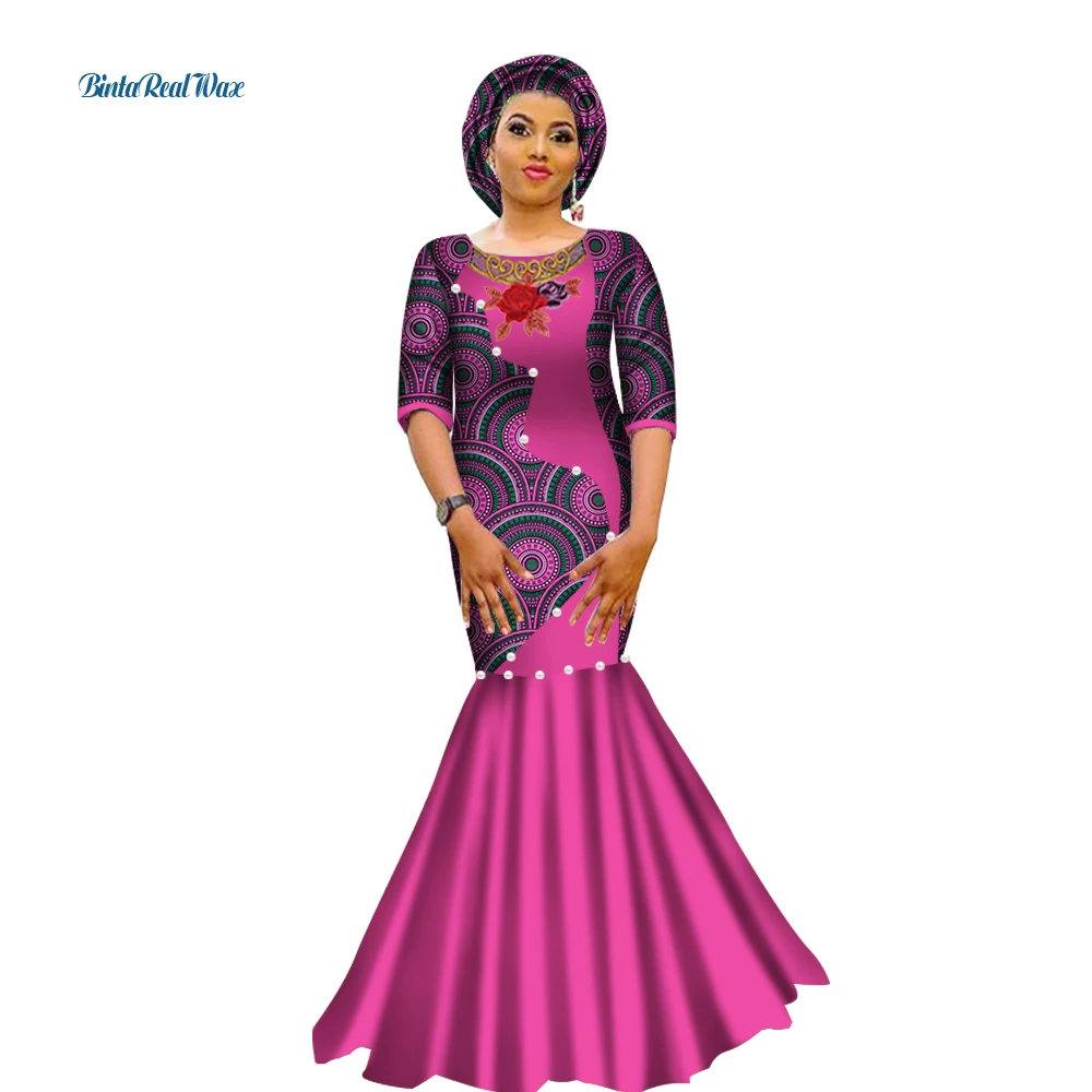 

Bazin Pearls Dress Plus Size Women African Clothing African Print Patchwork Embroidery Dresses for Women Vestidos WY2789