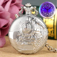 silver luminous led dial quartz pocket watch carved train locomotive engine steampunk motor railway chain pocket fob watches