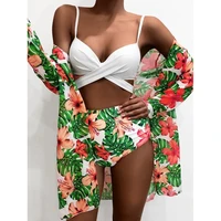 2021 sexy bikinis and cover set women swimsuit printed swimwear high waist summer bathing suit beachwear biquini female