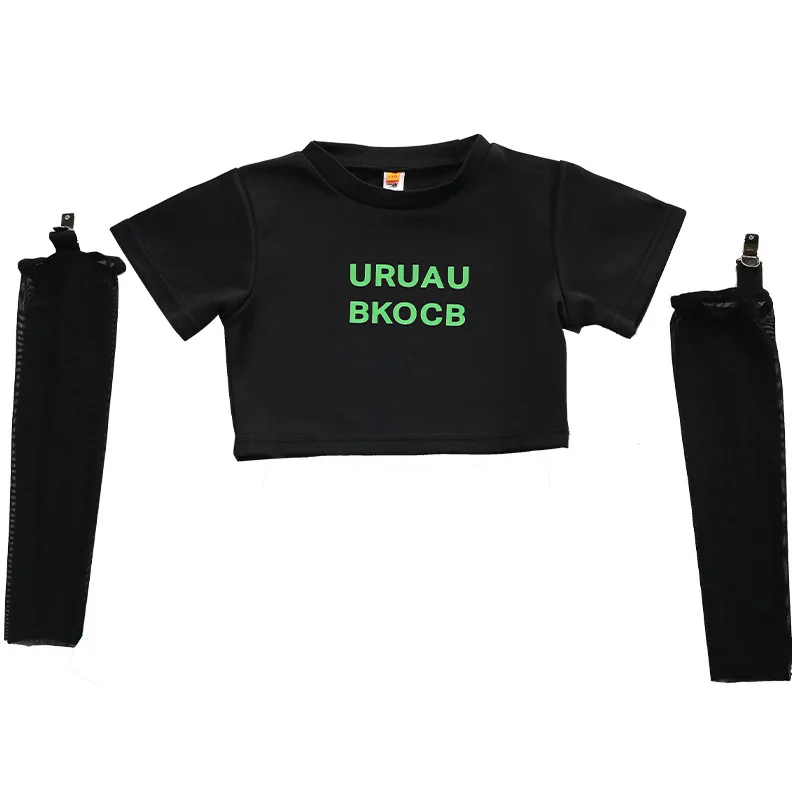 

Детская крутая одежда в стиле хип-хоп, черный кроп-топ, футболка с рукавом на руку для девочек, костюм для джазовых танцев, одежда, одежда