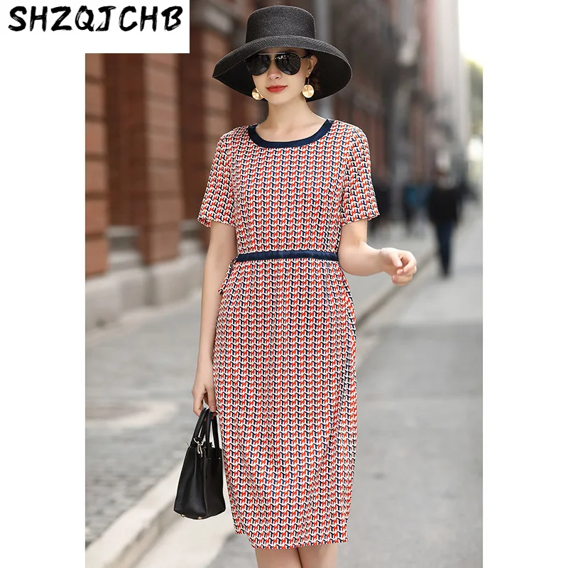 

Женское шелковое платье SHZQ, Новинка лета 2021, облегающая юбка средней длины из шелка тутового шелкопряда с принтом и круглым вырезом