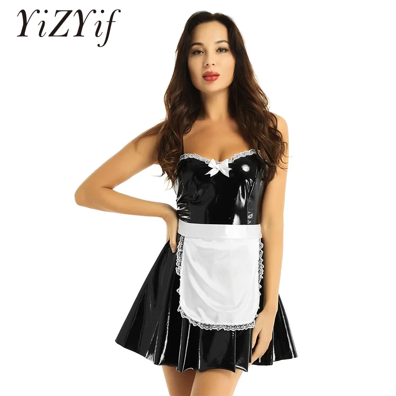 

Women Maid Cosplay Costumes Halloween Wet Look Patent Leather Adjustable Spaghetti Shoulder Straps A-line Dress with Satin Apron