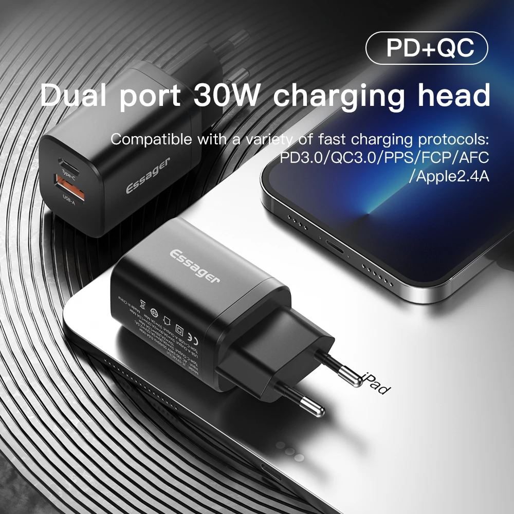 Зарядное устройство Essager сетевое с двумя портами USB Type-C и поддержкой быстрой
