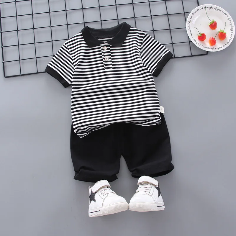 

Summer Baby Boys Pure Cotton T-Shirt Casual Shorts Two-Pieces Kids Outfits Black and White Striped Tops Pant Children Tracksuits