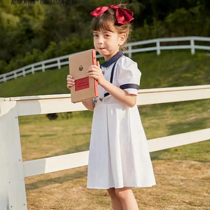 

Летние Детские платья в Корейском стиле; Свободные платья до колена с отложным воротником для девочек; Детская повседневная школьная форма;...