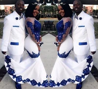 new whiteroyal blue lace aso ebi african prom dresses long illusion sleeves appliqued mermaid evening formal gowns pageant