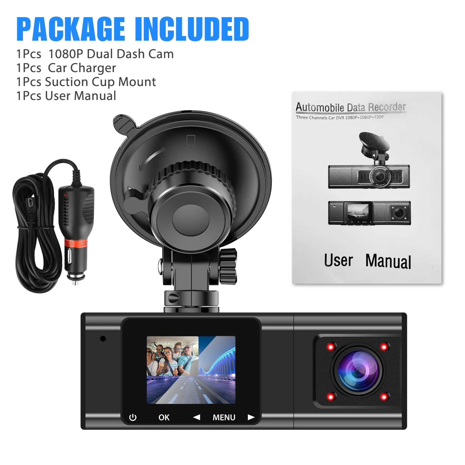 $49.83 3 Camera Dash Cam 1080P Front and Inside with GPS Vehicle Black Box  Driver Recorder for Taxi Uber CAR DVR  720P Rear Camera