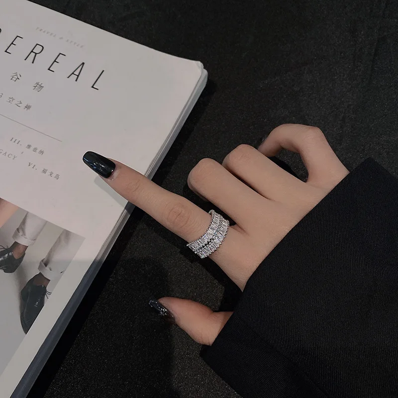 

Elegant Silver Color Double Row Rhinestone Crystal Wide Ring For Women Wedding Engagement Full Zircon Finger Rings Jewelry Gifts