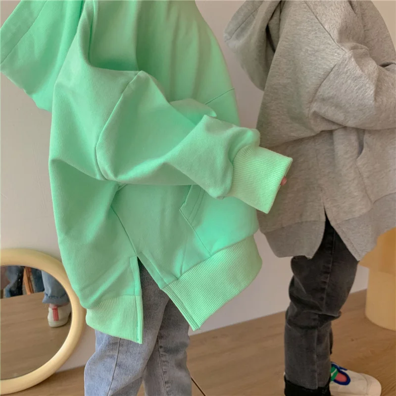 

Korean style boys solid color oversize hoodies fashion girls cotton soft loose sports hooded pullovers children Tops