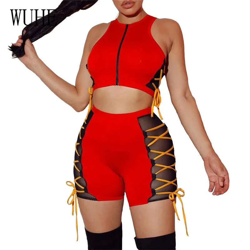 

WUHE Patchwork Mesh Outfits O Neck Zipper Cross Lace Up Sleeveless Tanks Top and Bandage Short Pants Casual Nightclub Two Pieces