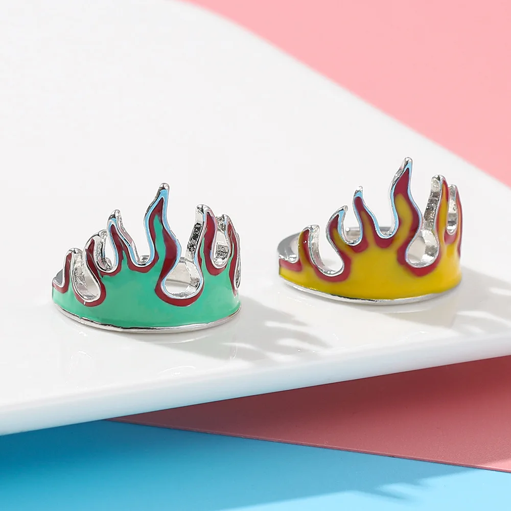 

2021 New Green Flame Opening Rings for Women Punk Gothic Style Cool Couple Ring Set Party Jewelry Accessories Christmas Gift