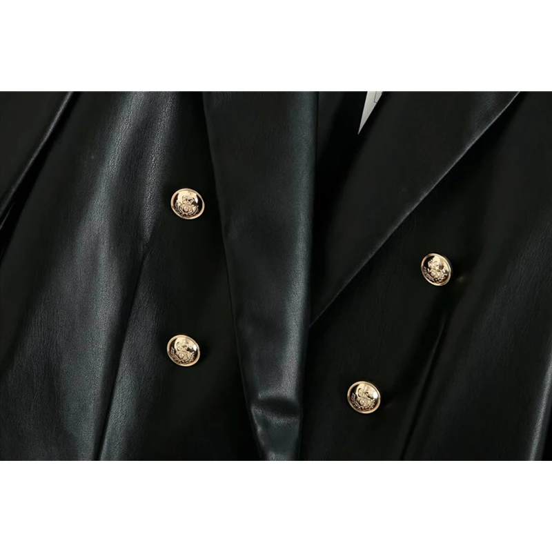 

Casual PU Leather Blazer For Women V Neck Long Sleeve Double Breasted Solid Jackets Female Fashion New Autumn Tide