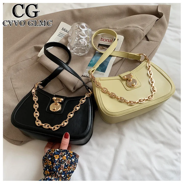 

Cvvo Glmc Retro Casual PU Leather Underarm Shoulder Bags for Women 2021 Summer Luxury Female Solid Color Chain Handbag