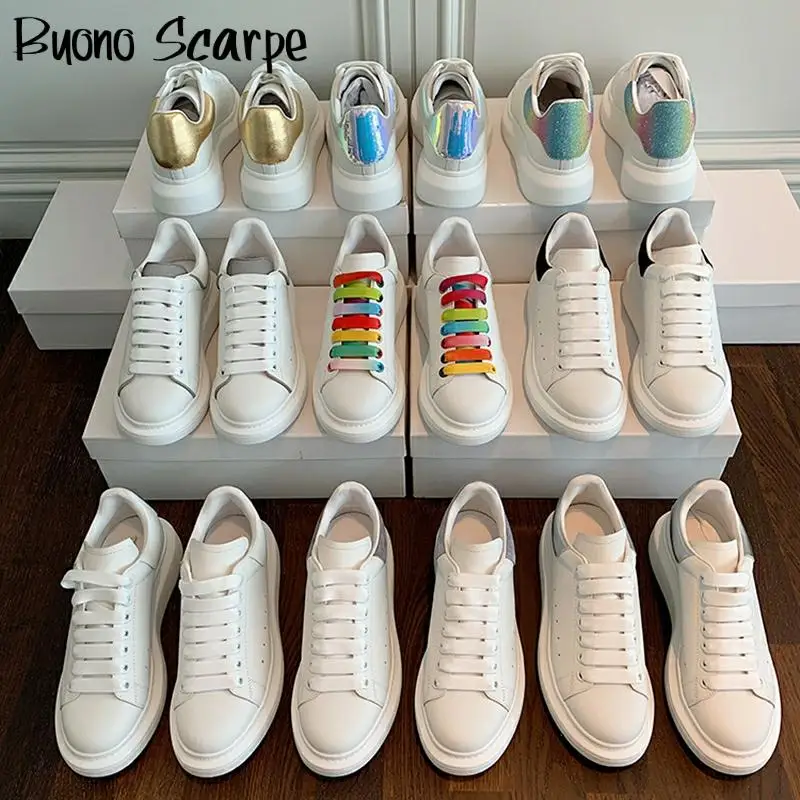 

Genuine Leather Women White Sneakers Thick Bottom Casual Sports Shoes Rainbow Laces Women Sneakers Brand Designed Platform Shoes