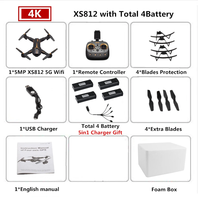4 Foam Box 4K VISUO XS812 Радиоуправляемый Дрон 4K gps Дроны с 5G WiFI FPV камера Вертолет следим за мной складной Квадрокоптер VS F11 SG906 - Цвет: 4 Foam Box 4K