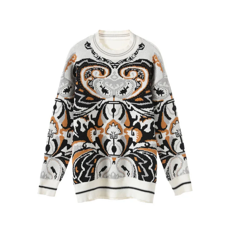 

2019 new fashion sweater Retro totem Round neck long sleeve pullover sweater women vestidos blusas sexy coat pull femme top