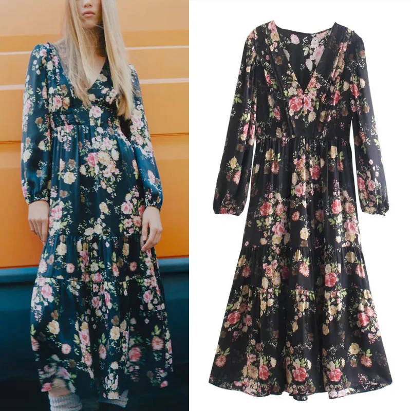 

2021 Za Satin Floral Printed Female Dress Elegant V-neck Ruching Midi Dresses Long Puff Sleeve Smocked Elastic Waist Woman Dress