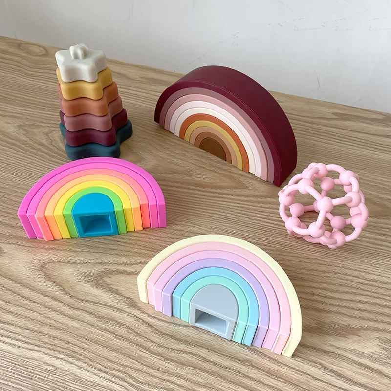 

Children's Toys Montessori Silicone Rainbow Bridge Building Blocks Color Sort Game Nesting Creative Wood Circle Set Fidget Toys
