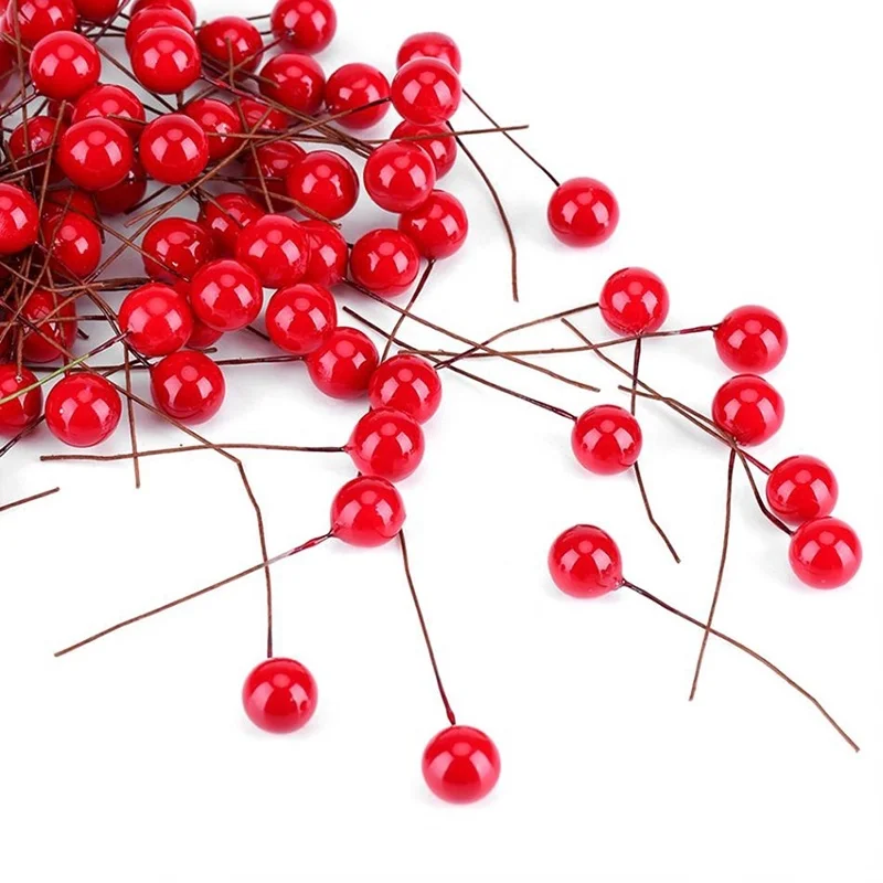 

100pcs Red Mini Fake Fruit Artificial Flower Cherry Stamen Gift for New Year Christmas Pendant Tree Decorations Berry Decoration