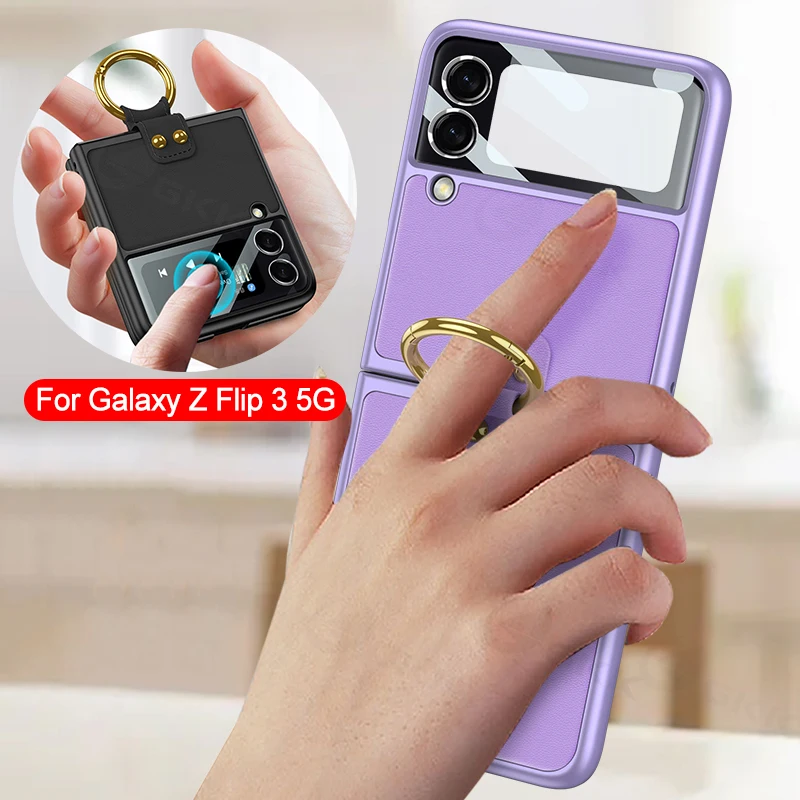 

GKK кожаный чехол для задней панели экрана для Samsung Galaxy Z Flip 3 5G с кольцом на палец, пластиковая рамка, Жесткий Чехол для Samsung Z Flip3