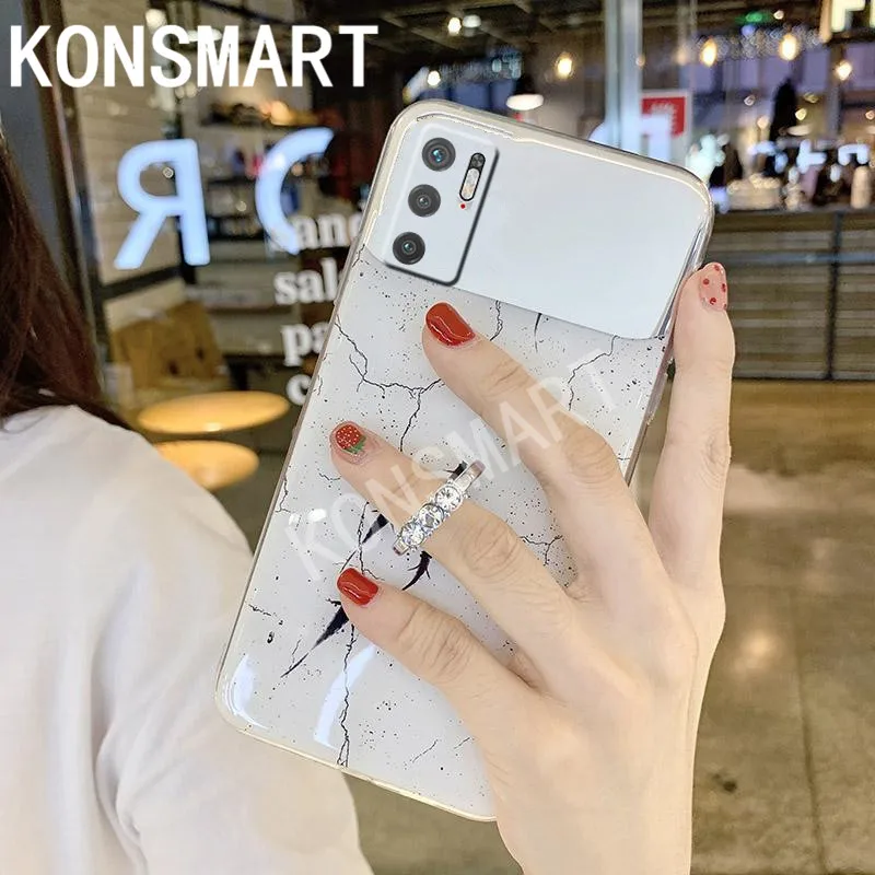 

KONSMART For Xiaomi Redmi Note 10 5G Case 2021 Luxury Glitter Marble Silicone Soft Phone Cases POCO M3 Pro With Finger Ring