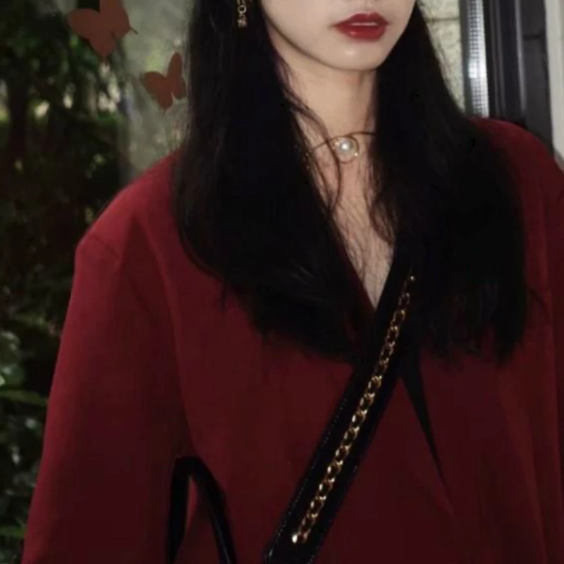

Blazers Women Retro Red Vintage Ulzzang Spring New Student Girls Chic Stylish All-match Ins Solid Teens Popular Straight Fashion