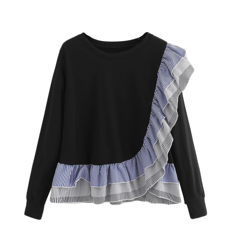 Dotfashion, полосатая Женская толстовка с оборками,, повседневная осенняя одежда с длинным рукавом, весенние женские свитшоты, пуловеры