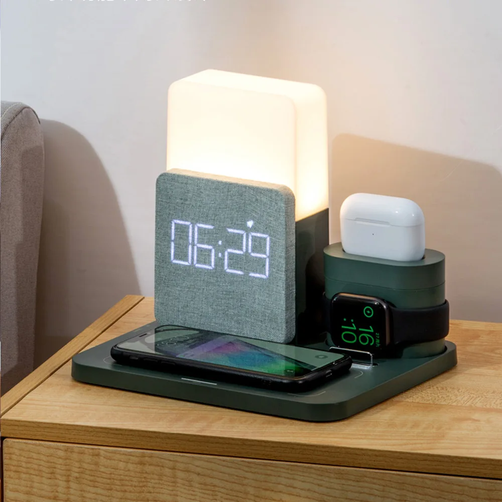 

Fast Charge Multifunctional Wireless Charger Desktop Mobile Phone Stand Alarm Clock Night Light Desk Lamp Mobile Phone Watch Hea