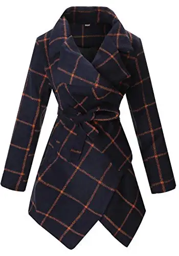 

Women's Turn Down Collar Grid Coat Belted Wool Blend Coat Asymmetric Hem Wrap Coat