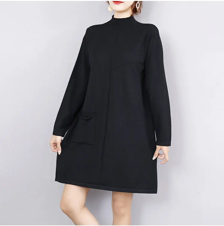 

Women's Knitted Dress Plus Size Fall Winter Elegant Fashion Turtleneck Long Sleeve Casual Loose Solid Ladies Dresses Streetwear