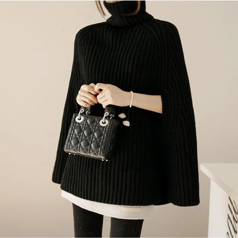 

Autumn Winter Sweater Women Knitted Pullover Turtleneck Cloak Jacket Batwing Sleeve Loose Solid Outerwear