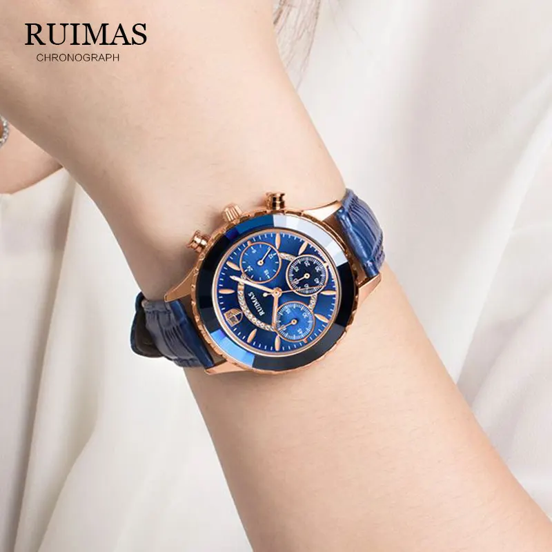 Женские часы RUIMAS роскошный бренд синие классические хронограф для наугад