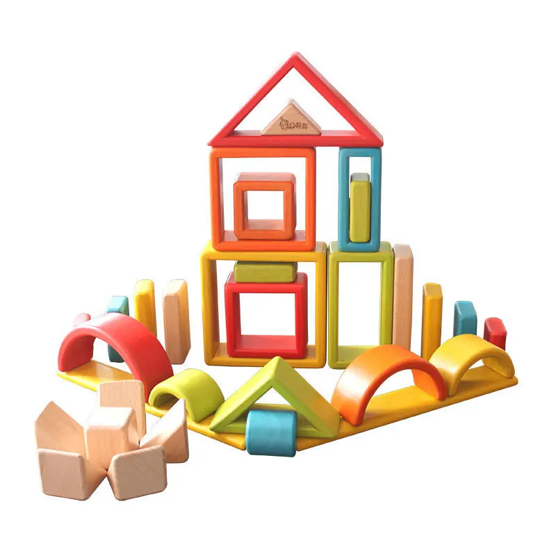 

Children's Wooden Rainbow Building Block Beech Block Solid Wood Building Block Puzzle Early Education Pile Tower Toy Storage