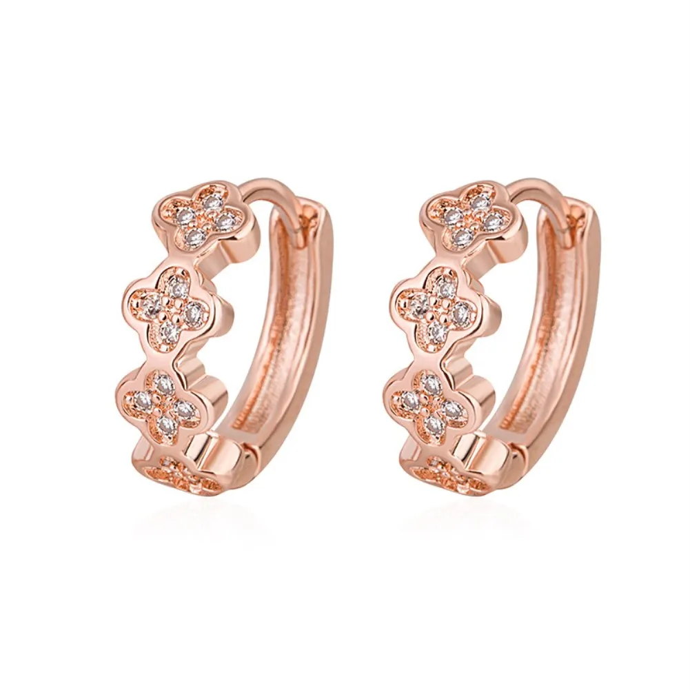 

Fashion Rose Gold Plated Hoop Earrings with Shiny Zirconia 4 Leaves Clover Design for Women Party Luxury Jewelry HF8