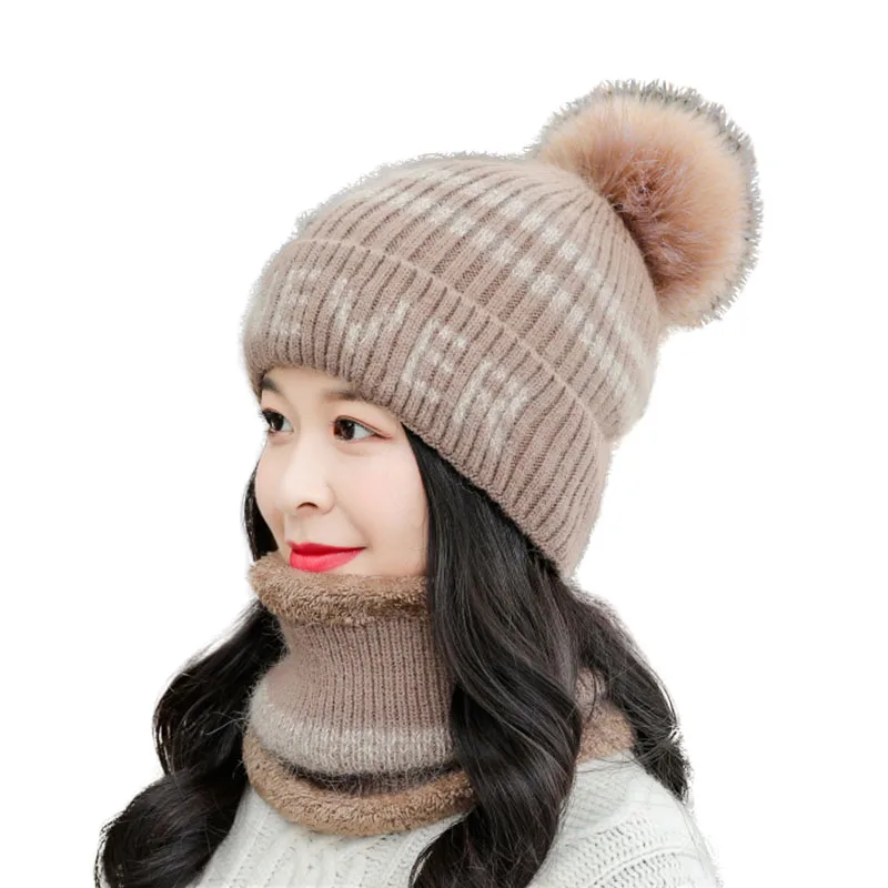 

Fashion Winter Beanie Knitted Hat Scarf Female Winter Hats For Women Skullies Beanies Baggy Girls WarmThicken Pompom Caps