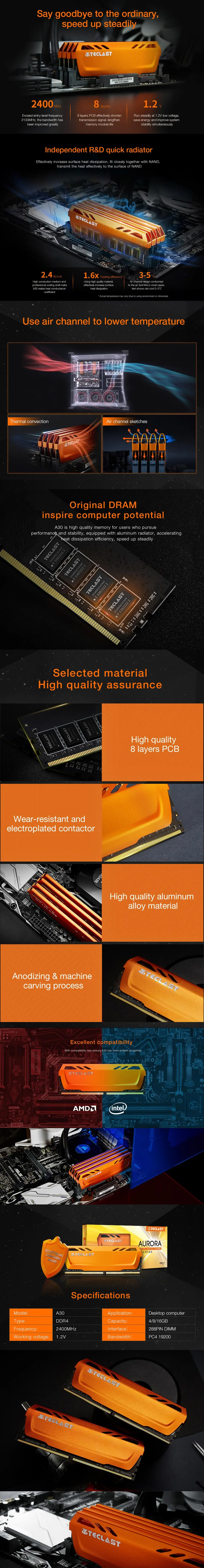 Память Teclast A30 DDR4, 16 ГБ, 8 ГБ, 4 Гб, 2400 МГц, 2666 МГц, 288pin, 1,2 в, оперативная память для рабочего стола, PC4-19200 памяти для настольного компьютера