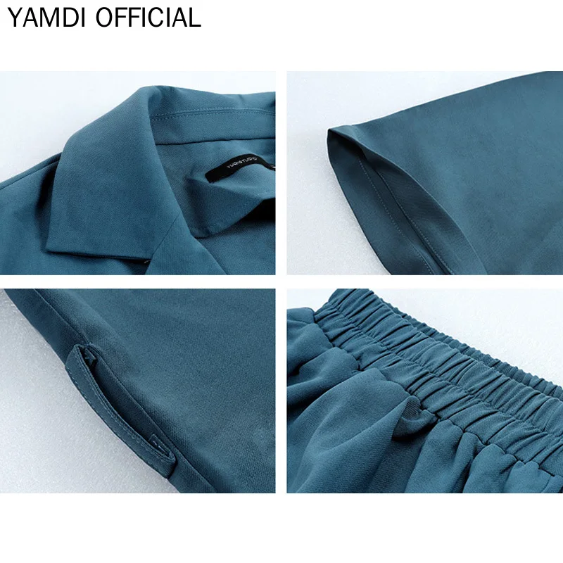 

YAMDI Women Short Tracksuit Summer Belt Cotton Jacket Blazer + Elastic Waist Shorts Female Suitswith Shorts 2 Pieces Set 2019 Ne