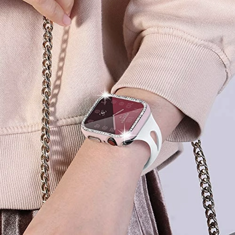 Шикарное стекло + чехол для Apple Watch 44 мм 45 41 40 42 38 фотоэлемент защита экрана iwatch