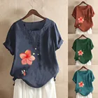Женская Повседневная блузка большого размера с цветочным принтом, Рубашка с коротким рукавом и круглым вырезом, хлопковая и льняная Рубашка, 2020 @ 45