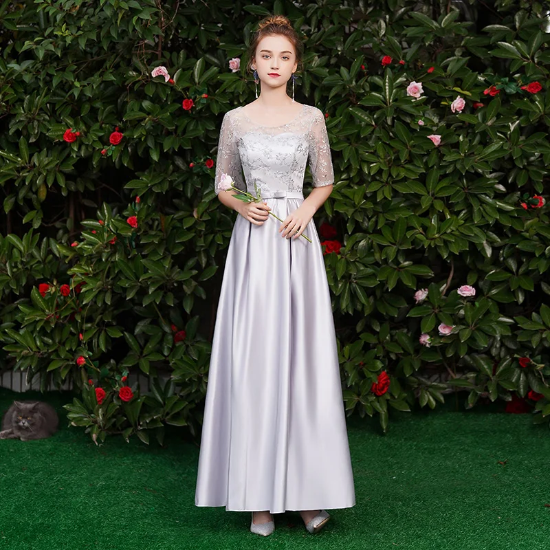 Серое подростковое элегантное платье подружки невесты с круглым вырезом на