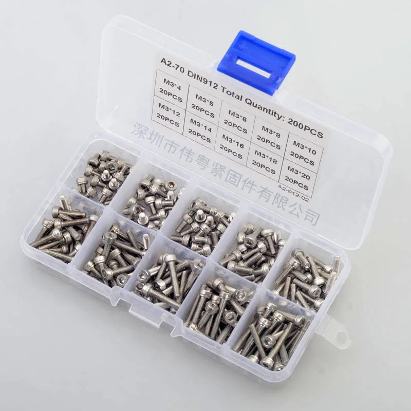200pcs M3 * 4/5/6/8/10/12/14/16/18/20 stainless steel 304 DIN912 cup head hexagon socket screw combination set | Обустройство дома