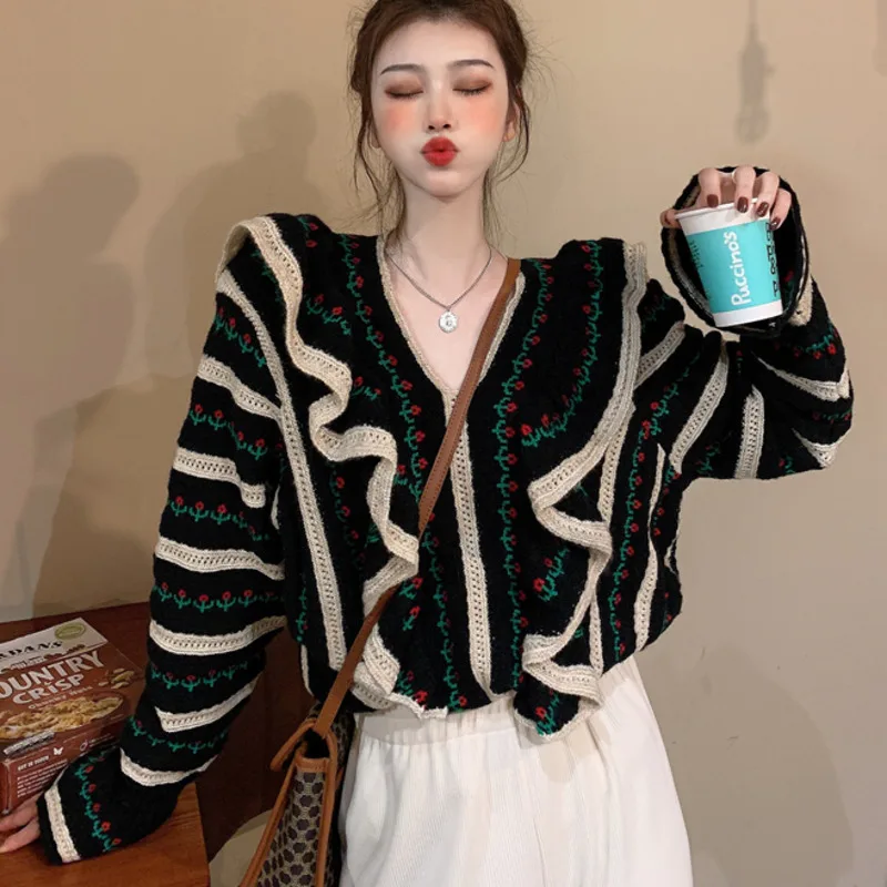 

Vintage Sweater Women Long Sleeve Ruffles Casual Loose Elegant Knitwear Pullovers Kawaii Spring Autumn Jersey Mujer Tops 2021
