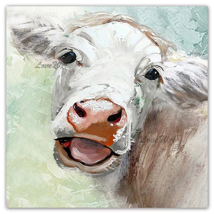 

New Design Cute Cow Head Picture 100% Hand Painted Oil Painting Wall Decor Art Canvas Unframed Artwork For Children Room Gift