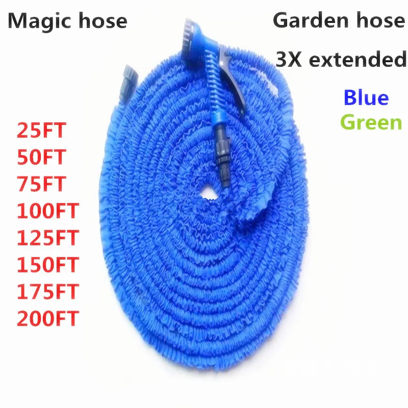 Free shipping Magic flexible Expandable Garden Hose reels Blue & Green 25FT-200FT+spray Gun Garden Water connector (EU/US)